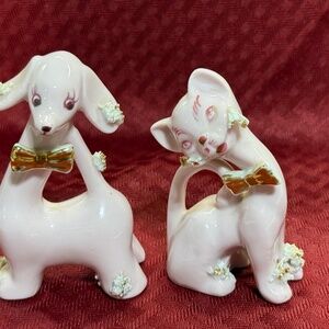 Thames 1950s Pink Cat & Dog Salt & Pepper Shakers with Spaghetti Trim From Japan